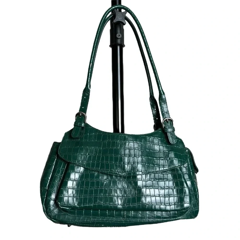 MAXX New York Green Croc Embossed Leather Shoulder Bag Silver Hardware Mobwife - Picture 2 of 16